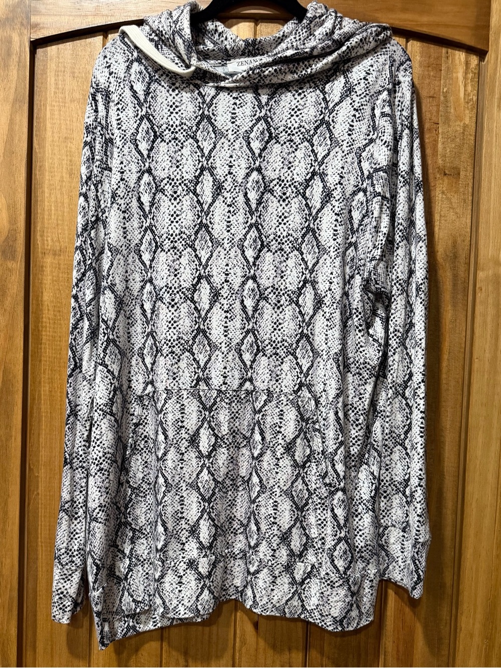 Zenana Black and White Snake-Print Hooded Sweatshirt